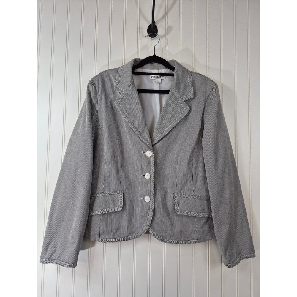 Pendleton Womens Blue White Pinstripe Blazer Size L Petite Cotton Blend Preppy